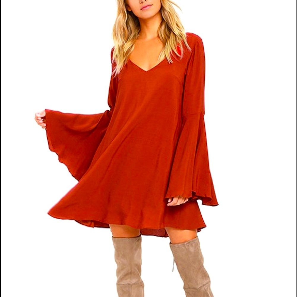 Lulu’s Red Rust Bell Sleeve Flare Mini Dress - Picture 2 of 12